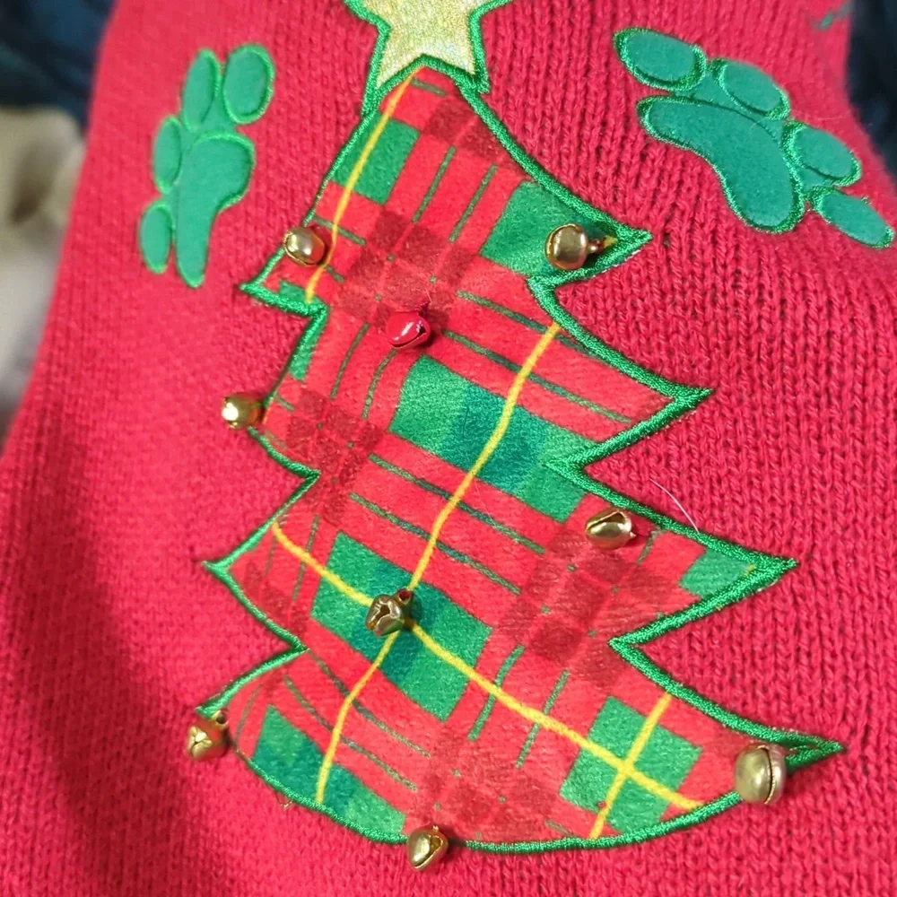 DOG SWEATER Christmas Festive Barking Around The Red/Green With Bells Sz L NWOT